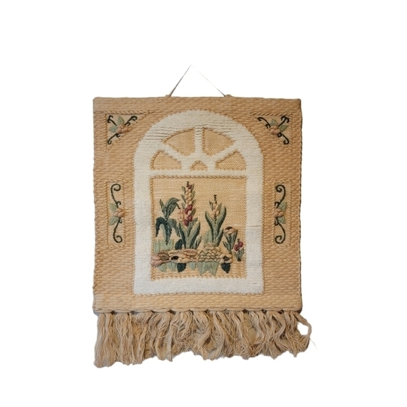 Vintage Hand Woven Fiber Art 34 x 42 Tapestry Wall Hanging Embroidered Fringe - Picture 1 of 6